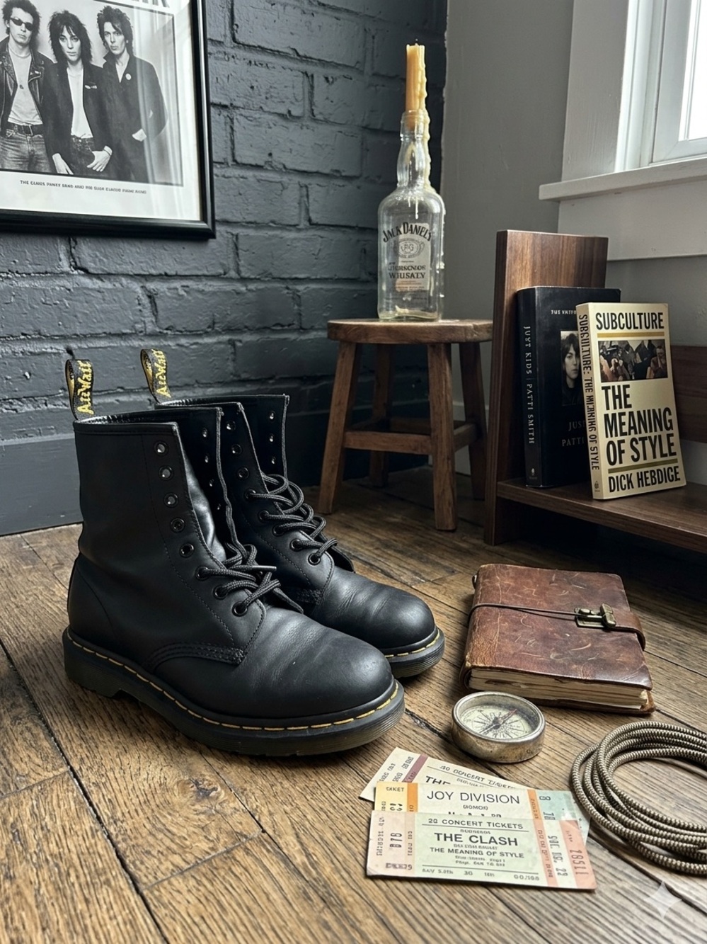 Dr. Martens Black Leather Lace-Up Combat Boots with Yellow Stitching
